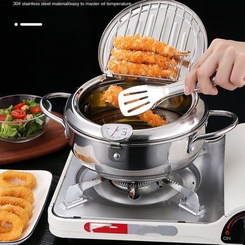 Planet Gates Pot + Lid + Thermometer 1pc Fry Pan, Deep Fryer, Frying Pot, 304 Stainless Steel Deep Fryer Pan With Thermometer, Lid, Oil Drip Drainer Rack For Turkey Legs, Chicken Wings, French Fries