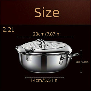 Planet Gates Pot + Lid + Thermometer 1pc Fry Pan, Deep Fryer, Frying Pot, 304 Stainless Steel Deep Fryer Pan With Thermometer, Lid, Oil Drip Drainer Rack For Turkey Legs, Chicken Wings, French Fries