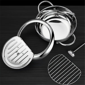 Planet Gates Pot + Lid + Thermometer 1pc Fry Pan, Deep Fryer, Frying Pot, 304 Stainless Steel Deep Fryer Pan With Thermometer, Lid, Oil Drip Drainer Rack For Turkey Legs, Chicken Wings, French Fries