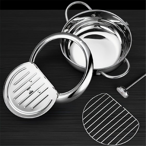Planet Gates Pot + Lid + Thermometer 1pc Fry Pan, Deep Fryer, Frying Pot, 304 Stainless Steel Deep Fryer Pan With Thermometer, Lid, Oil Drip Drainer Rack For Turkey Legs, Chicken Wings, French Fries