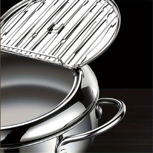 Planet Gates Pot + Lid + Thermometer 1pc Fry Pan, Deep Fryer, Frying Pot, 304 Stainless Steel Deep Fryer Pan With Thermometer, Lid, Oil Drip Drainer Rack For Turkey Legs, Chicken Wings, French Fries