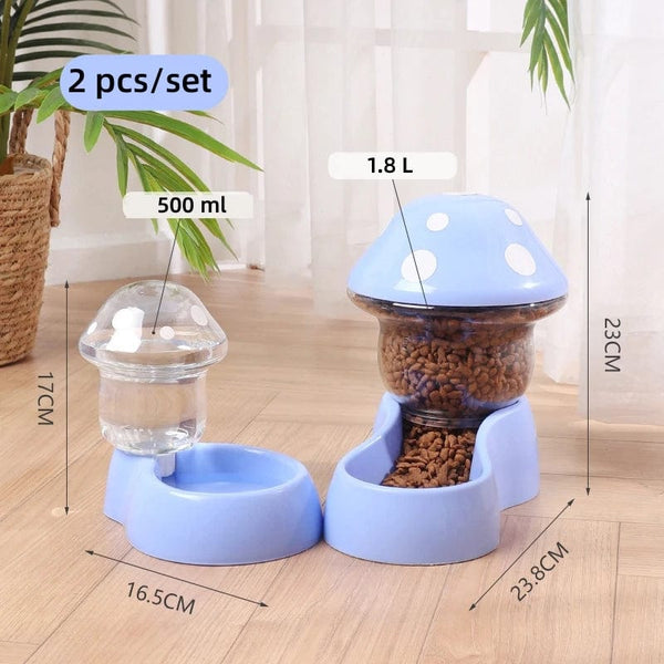 Planet Gates PS108-blue 2pcs Cat Food Bowl Set Automatic Feeders and Water Dispenser Cute Mushroom Shape Feeding Bowl Water Bottle for Cats Small Dogs