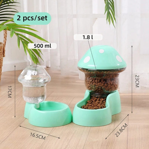 Planet Gates PS108-green 2pcs Cat Food Bowl Set Automatic Feeders and Water Dispenser Cute Mushroom Shape Feeding Bowl Water Bottle for Cats Small Dogs