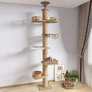 Planet Gates PS370-1 (250-260cm) / Note room height Wooden Cat Tree House Multifunction Pet Furniture Kitten Climbing Toy Cat Scratching Posts Cat Tower Soft Flannel Hammock Bed