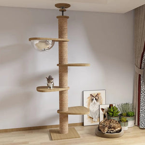 Planet Gates PS370-3 (250-260cm) / Note room height Wooden Cat Tree House Multifunction Pet Furniture Kitten Climbing Toy Cat Scratching Posts Cat Tower Soft Flannel Hammock Bed