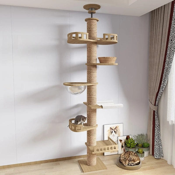 Planet Gates PS370-9 (250-260cm) / Note room height Wooden Cat Tree House Multifunction Pet Furniture Kitten Climbing Toy Cat Scratching Posts Cat Tower Soft Flannel Hammock Bed