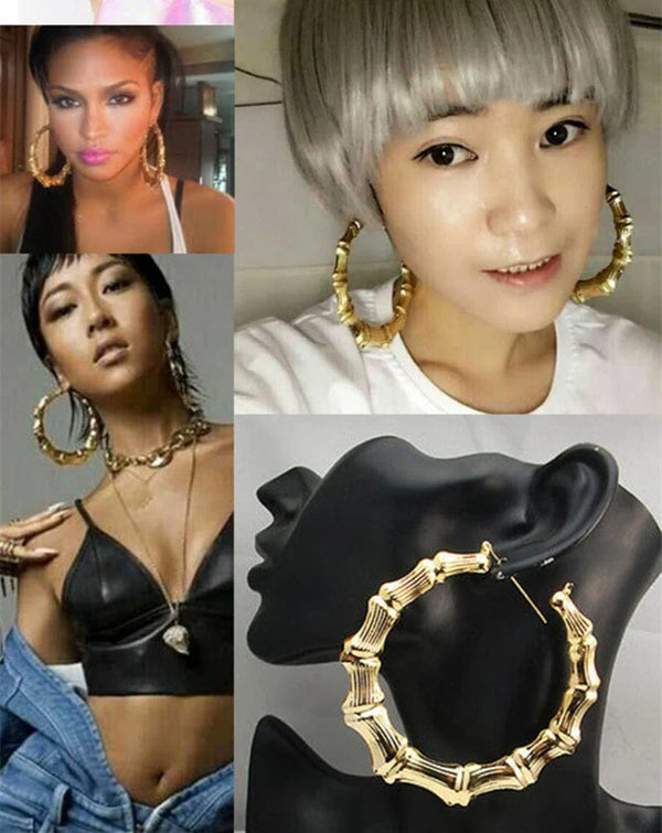 Planet Gates Punk Gold Sliver Color Bamboo Hoop Earrings For Women Geometric Big Round Circle Bamboo Earings Bijoux Hip Hop Party Jewelry