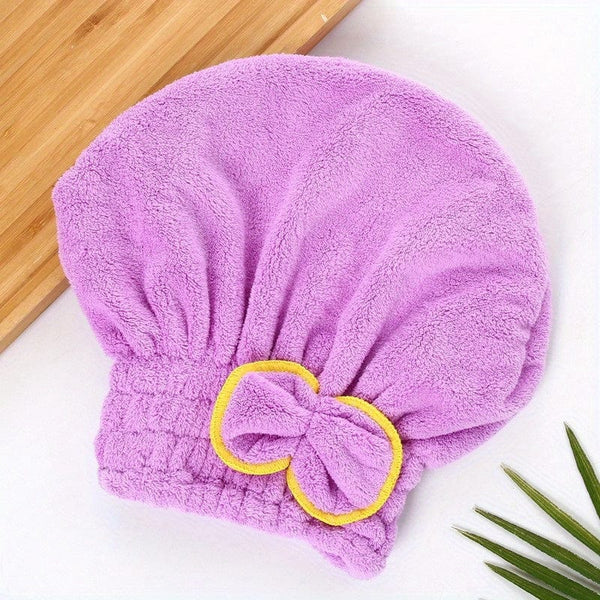 Planet Gates Purple 1pc Quick Drying Shower Caps For Women, Coral Velvet Microfiber Hair Towel With Bowknot Wrap, Perfect For Bathroom And Salon Use, Bathroom Supplies, Bathroom Accessories
