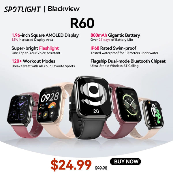Planet Gates Purple / CHINA [World Premiere] Blackview Smartwatch R60 Watch 1.96'' AMOLED Display 800mAh Bluetooth Phone Calls Health and Fitness Tracking