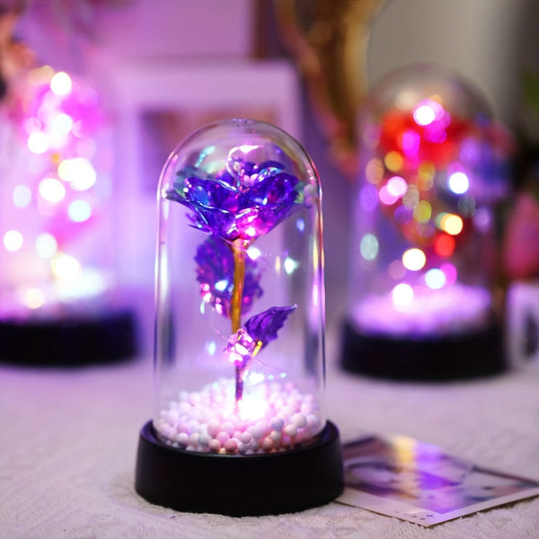 Planet Gates Purple Flower 1pc Simulated Golden Leaf Rose Flower Decorative Night Lamp, Creative Flower Light For Indoor Desktop/Bedside Decoration With Battery, Perfect Roses Gift For Valentine's Day, Mother's Day, Weddings Anniversary