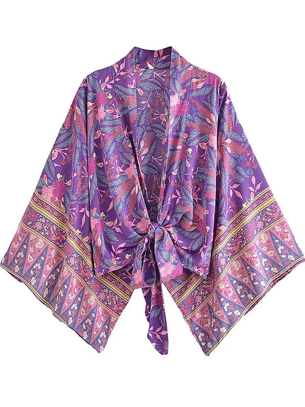 Planet Gates purple / S Boho Vintage Floral Print Beach Summer Short Kimono Women Fashion Ladies Casual V Neck Batwing Sleeves Bohemian Cover-ups