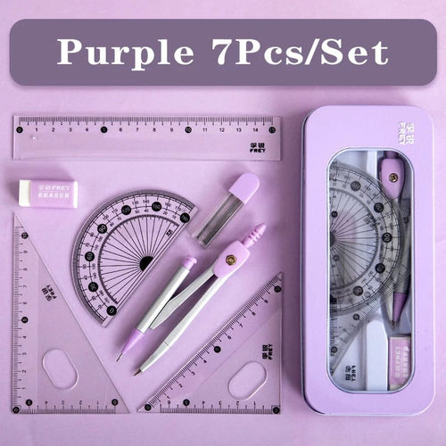 Planet Gates Purple Set A 7Pcs/lot Ruler Set Kawaii Geometric Drawing Eraser Kit Back To School Math Compass Set Office School Supplies 2022 Stationery