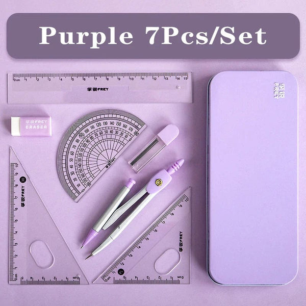 Planet Gates Purple Set B 7Pcs/lot Ruler Set Kawaii Geometric Drawing Eraser Kit Back To School Math Compass Set Office School Supplies 2022 Stationery