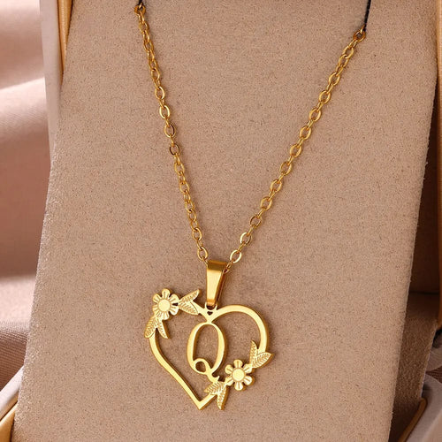 Planet Gates Q / 45cm / CHINA Gold Color Dainty Flower Initials Necklace Women Girl Stainless Steel Heart Letter Choker Necklace Best Gifts Alphabet Jewelry