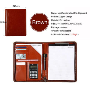 Planet Gates Q Folder Calculator University A4 Leather Portfolio Folder for Document Holder Desk Organizer Man Executive Briefcase Zippered Calculator for Office