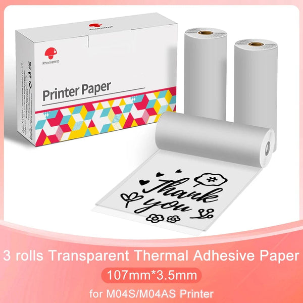 Planet Gates Q22-TTRMS-107 3PK Phomemo Adhesive Transparent Thermal Paper Clear Adhesive Thermal Sticker Paper for M04S/M04AS Bluetooth Printer 110mmx3.5m