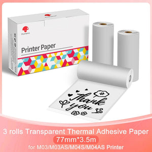 Planet Gates Q22-TTRMS-77 3PK Phomemo Adhesive Transparent Thermal Paper Clear Adhesive Thermal Sticker Paper for M04S/M04AS Bluetooth Printer 110mmx3.5m