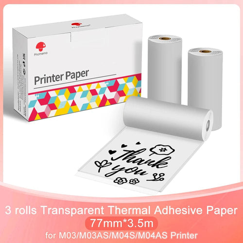 Planet Gates Q22-TTRMS-77 3PK Phomemo Adhesive Transparent Thermal Paper Clear Adhesive Thermal Sticker Paper for M04S/M04AS Bluetooth Printer 110mmx3.5m