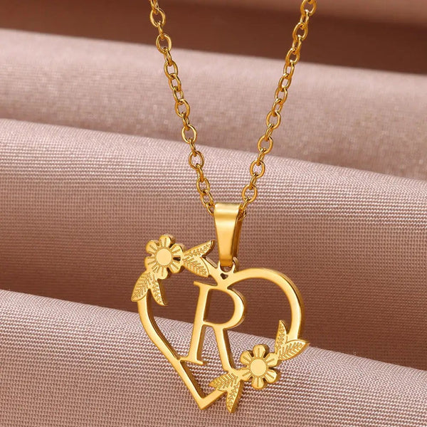 Planet Gates R / 45cm / CHINA Gold Color Dainty Flower Initials Necklace Women Girl Stainless Steel Heart Letter Choker Necklace Best Gifts Alphabet Jewelry