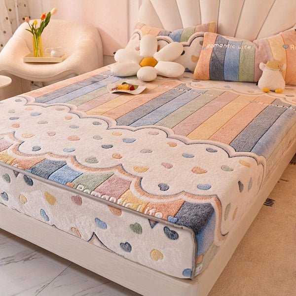 Planet Gates Rainbow / 153cm*203cm 1pc Velvet Thick Fitted Sheet, Love Rainbow Striped Print Soft Comfortable Warm Autumn And Winter Bedding Mattress Protector, For Bedroom Guest Room Dorm Apartment, With Deep Pocket, Fitted Bed Sheet Only