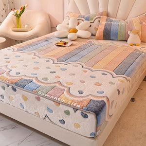 Planet Gates Rainbow / 203cm*198cm 1pc Velvet Thick Fitted Sheet, Love Rainbow Striped Print Soft Comfortable Warm Autumn And Winter Bedding Mattress Protector, For Bedroom Guest Room Dorm Apartment, With Deep Pocket, Fitted Bed Sheet Only