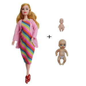 Planet Gates rainbow Educational Toy Pregnant Dolls for Children with Two Babies and Random Shoes Accessories Fashion Clothes Gift for Barbie Games