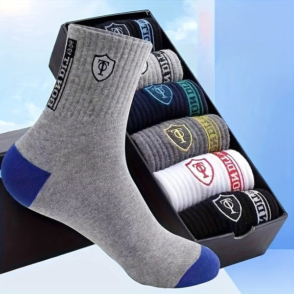 Planet Gates Random Color / One-size 6 Pairs Men's Cotton Sweat Absorbing Embroidered Crest Athletic Socks, Ankle Socks (No Box)