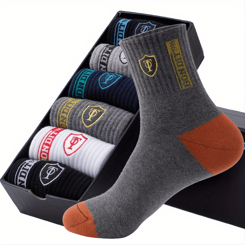 Planet Gates Random Color / One-size 6 Pairs Men's Cotton Sweat Absorbing Embroidered Crest Athletic Socks, Ankle Socks (No Box)