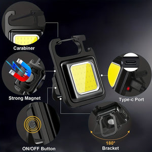 Planet Gates Rechargeable COB Key Chain Flashlight, 3 Light Modes Work Light, Portable Pocket Flashlight Key Chains, Camping Small Corkscrew, Outdoor Pocket Light