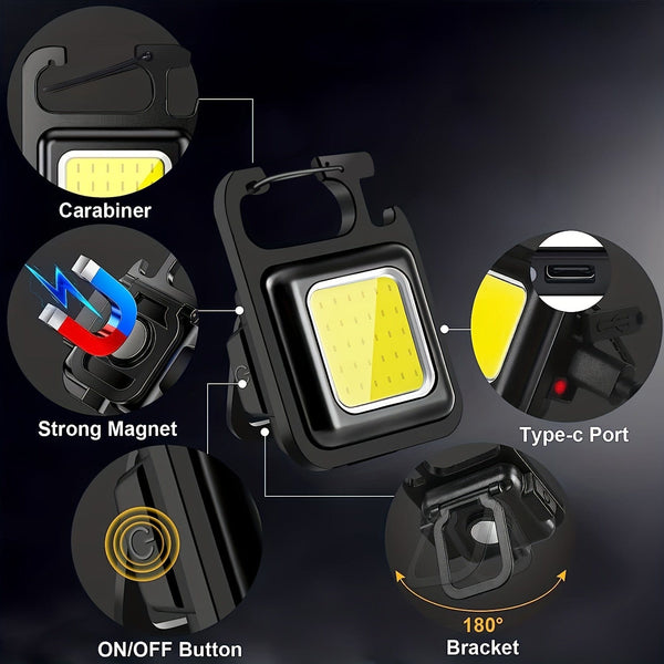 Planet Gates Rechargeable COB Key Chain Flashlight, 3 Light Modes Work Light, Portable Pocket Flashlight Key Chains, Camping Small Corkscrew, Outdoor Pocket Light