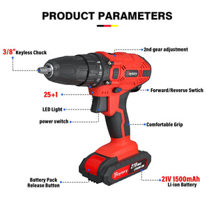 Planet Gates Red-1 Battery / UNITED KINGDOM DayPlus 21V Cordless Power Drill, 3/8" Handheld Screwdriver Drill Set with 25+1 Torque Setting,1.5AH Li-ion Battery&Fast Charger