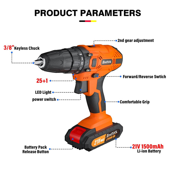 Planet Gates Red-1 Battery / UNITED KINGDOM DayPlus 21V Cordless Power Drill, 3/8" Handheld Screwdriver Drill Set with 25+1 Torque Setting,1.5AH Li-ion Battery&Fast Charger