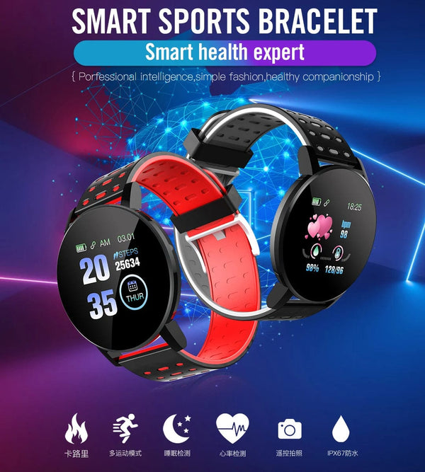 Planet Gates red 119S Smartwatch Bluetooth Smart Watch Men Blood Pressure Women Smart Band Clock Sports Fitness Tracker Watch For Android IOS