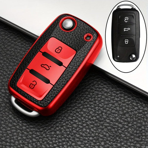 Planet Gates Red 1pc Leather TPU Car Key Case Cover Fob Shell For VW Volkswagen Polo Tiguan Passat Golf Jetta Beetle Caddy For Skoda Kodiaq Superb Octavia Accessories
