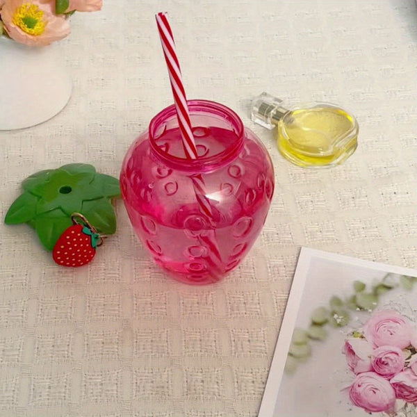 Planet Gates Red 1pc, Strawberry Water Bottle With Straw (17.48cmx9.98cm), Cute Kawaii Fruit Shape Plastic Water Cups, Drinking Cups, Summer Drinkware, Home Kitchen Items, Birthday Gifts (NOT For Hot Water)