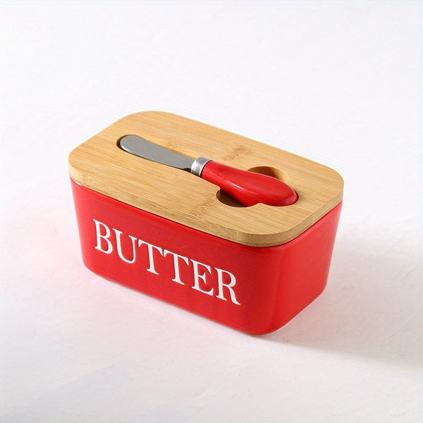 Planet Gates Red 1set Ceramic Butter Dish With Bamboo Lid And Knife, Large Butter Keeper Container For Counter, Airtight Butter Holder With Cover For Kitchen