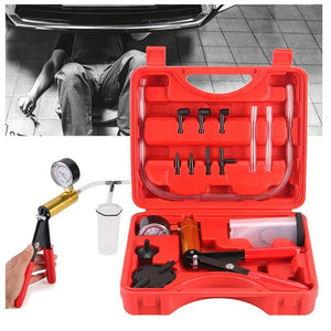 Planet Gates Red 2 In 1 Brake Bleeder Kit, Hand Held Vacuum Pump Test Set, For Automotive With Protected Case, Adapters, One-Man Brake And Clutch Bleeding System