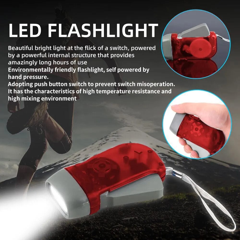 Planet Gates Red 3 LED Hand Pressing Dynamo Crank Power Wind Up Flashlight Torch Light Hand Press Crank Camping Lamp Light for Outdoor Home