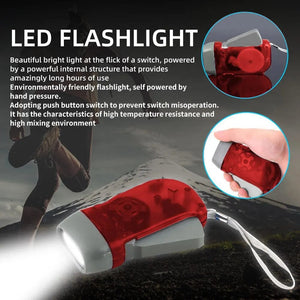 Planet Gates Red 3 LED Hand Pressing Dynamo Crank Power Wind Up Flashlight Torch Light Hand Press Crank Camping Lamp Light for Outdoor Home