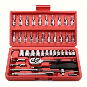 Planet Gates Red 46pcs Car Repair Tool Kit, 1/4 Inch Drive Socket Ratchet Wrench Set, Combo Tools Kit Bicycle Auto Repairing Tool