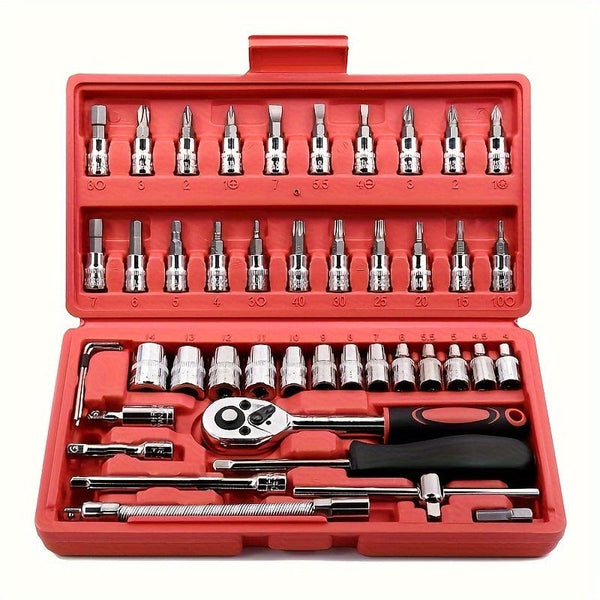 Planet Gates Red 46pcs Car Repair Tool Kit, 1/4 Inch Drive Socket Ratchet Wrench Set, Combo Tools Kit Bicycle Auto Repairing Tool