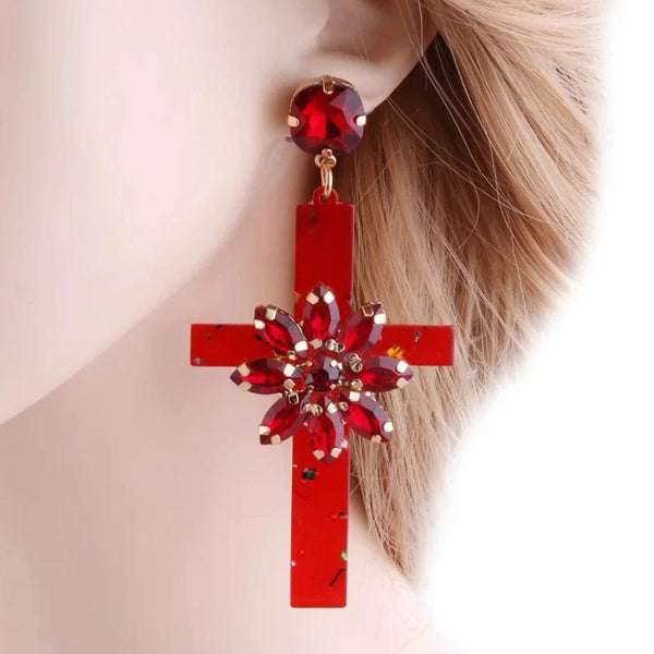 Planet Gates red Drop Resin Cross Earrings Brand Crystal Big Earring Large Long Brinco Ear Accessories Oorbellen Christmas Gift jewelr