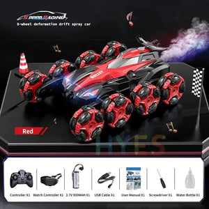 Planet Gates Red Dual-mode New Eight Wheels RC Car Toys 2.4G Trendy Spray Twisting Flips Watch Remote Control Drift Stunt Car Toy Gifts For Children Adults
