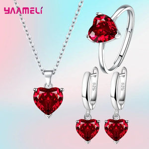 Planet Gates Red Fine 925 Sterling Silver Color Jewelry Gift Sets for Women Female Romantic Heart Zircon Huggie Earrings Pendant Necklace Ring