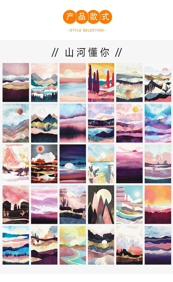 Planet Gates RED Ins Mountain River Scenery Art Postcards Creative Colorful Decoratiove Card Bedroom Background Wall Sticker Photo Props 15sheets