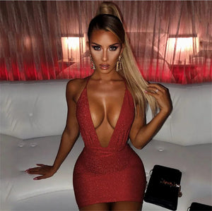 Planet Gates Red / L Sleeveless Halter Bandage Sexy Women Dress Backless Bodycon Summer Deep V-neck Night Club Lace-up Party Dress
