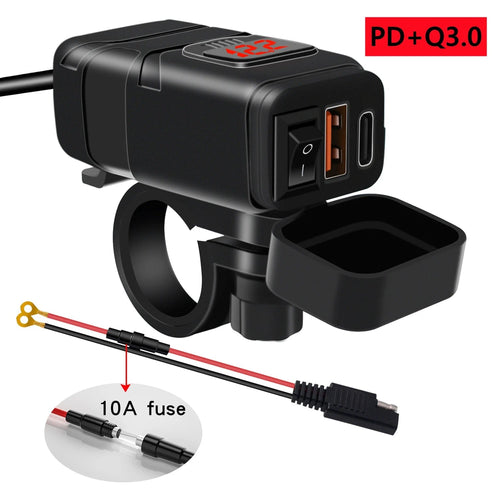 Planet Gates Red Motorcycle Usb Fast Cell phone Charger Waterproof 12v Port Socket Connector With Cell Mobile Voltmeter Digital For Bike Moto