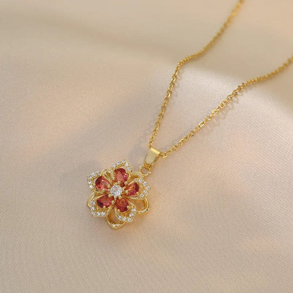 Planet Gates Red OIMG 316L Stainless Steel Gold Plated Romantic Rotatable Flower Zirconia Pendant Necklace For Women Girls Charm Luxury Jewelry
