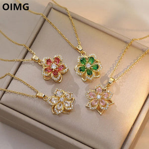 Planet Gates Red OIMG 316L Stainless Steel Gold Plated Romantic Rotatable Flower Zirconia Pendant Necklace For Women Girls Charm Luxury Jewelry