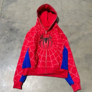 Planet Gates Red with blue / XXL Foam printing Y2k clothing Spider web Red hoodie sweatshirt zipper warm Harajuku punk grunge Women Hip hop sweatshirt Hoodie
